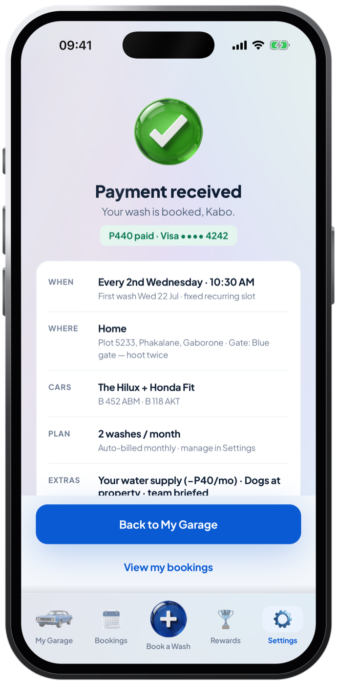 Kara Wash app, booking confirmed