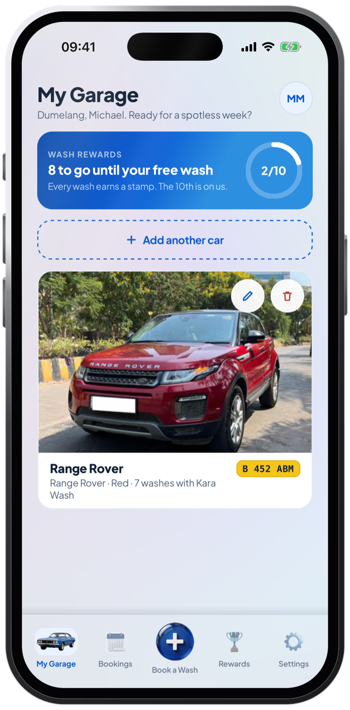 Kara Wash app, My Garage