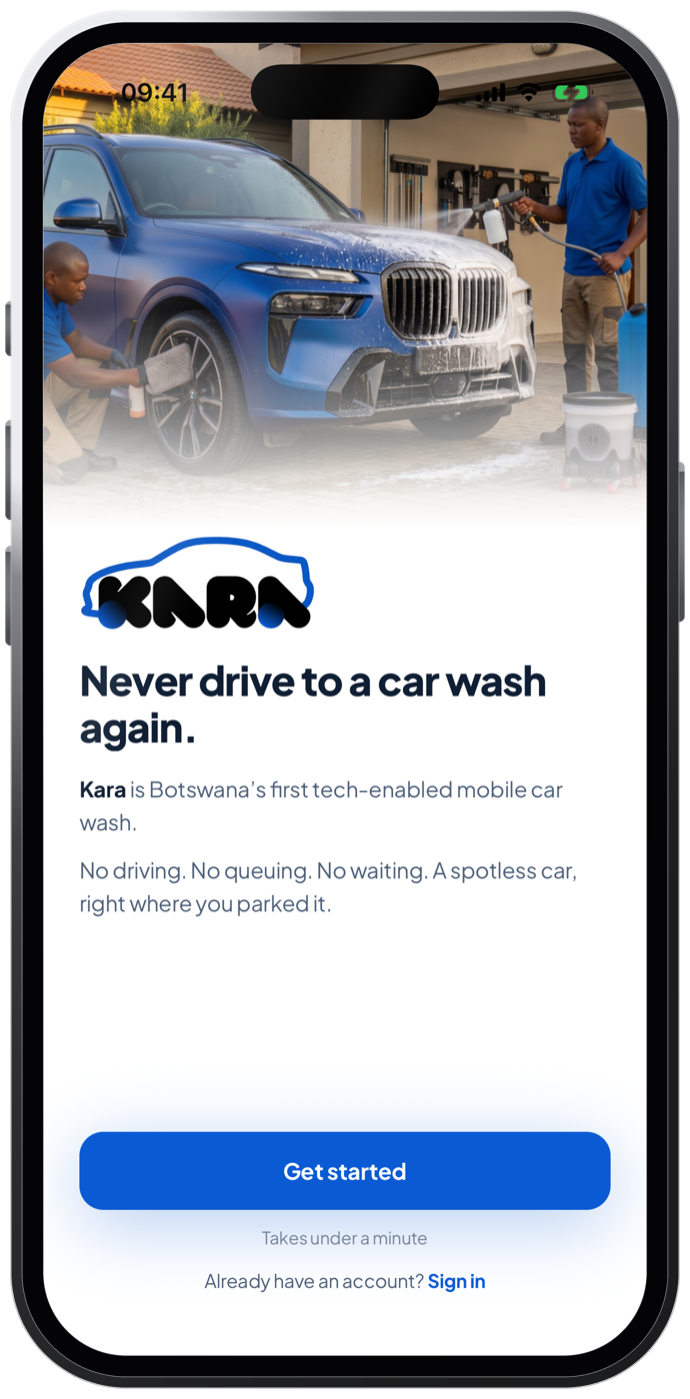 Kara Wash app, welcome screen