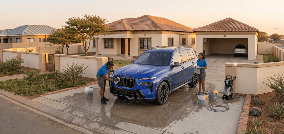 Kara team hand-washing a blue SUV in a Gaborone driveway at golden hour
